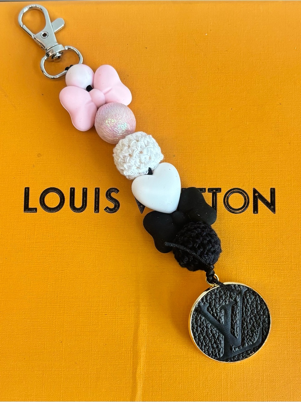 Louis Vuitton Monogram, Pink, Black, Bow, Heart, Bag charm 7 inches.
